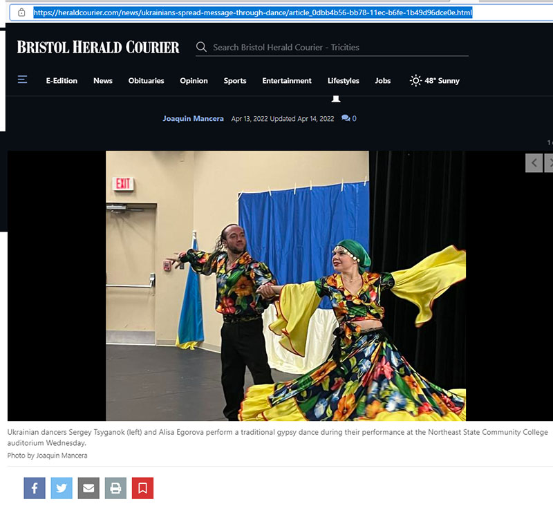  Bristol Herald Courier - Tricities, 320 Bob Morrison Blvd. Bristol, VA 24201, Ukrainian Cossack Dancers, www.cossack.us, TN Ukrainian musicians singers dancers, Northeast State Community College, Blountville, Tennessee, Wednesday April 13th 2022